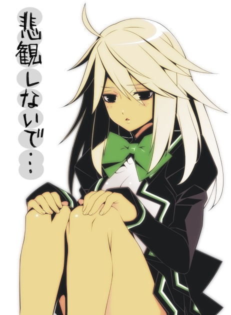 1girl 8055 ahoge black_eyes blonde_hair bow dark_skin guilty_gear guilty_gear_xrd long_hair long_sleeves open_mouth platinum_blonde puffy_long_sleeves puffy_sleeves ramlethal_valentine sitting solo translation_request triangle_mouth