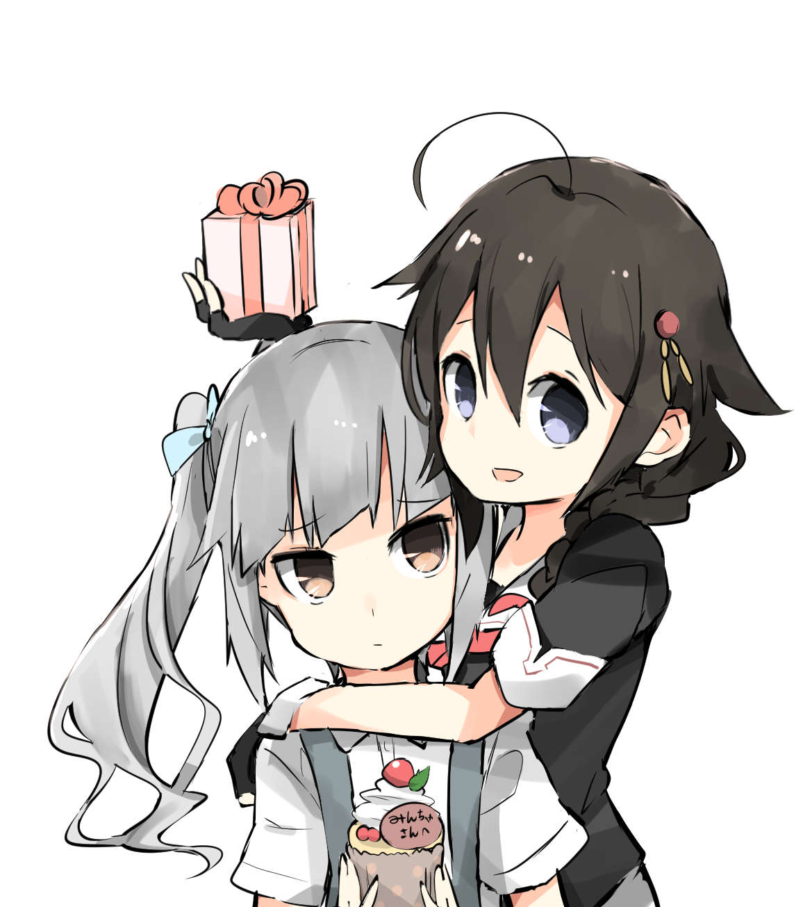 2girls ahoge black_gloves black_hair braid brown_eyes cupcake daiyamaimo dress_shirt fingerless_gloves gift gloves grey_hair hair_flaps hair_ornament hair_ribbon highres kantai_collection kasumi_(kantai_collection) lavender_eyes long_hair multiple_girls open_mouth ribbon school_uniform serafuku shigure_(kantai_collection) shirt short_sleeves side_ponytail simple_background single_braid smile suspenders white_background