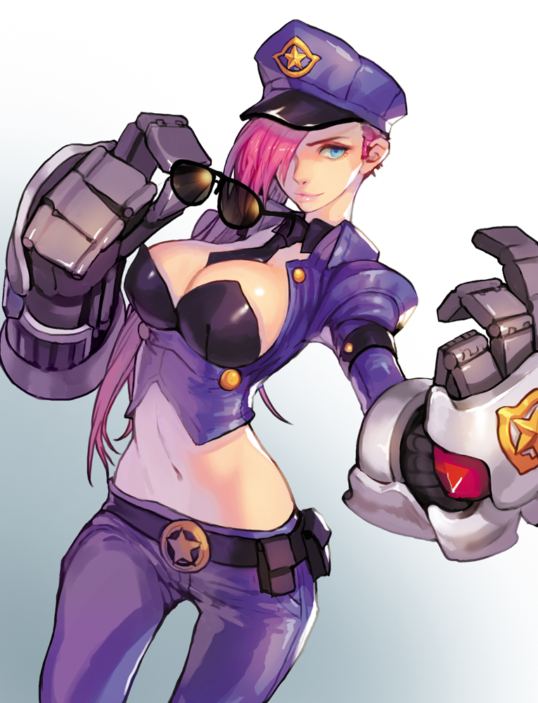 1girl belt blue_background blue_eyes breasts cleavage gauntlets gradient gradient_background hair_over_one_eye hat large_breasts league_of_legends light_smile lips long_hair midriff navel pink_hair police police_hat police_uniform policewoman racoona solo sunglasses uniform vi_(league_of_legends) white_background