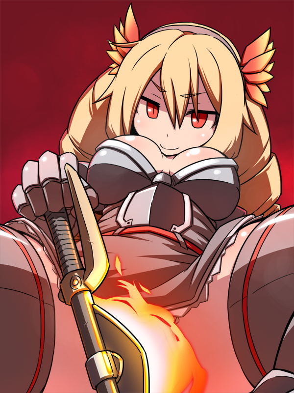 1girl armor axe blonde_hair brave_frontier breasts cleavage covering covering_crotch drill_hair gauntlets hairband hakika large_breasts long_hair looking_at_viewer miniskirt red_axe_michele red_background red_eyes sitting skirt slit_pupils smile solo weapon