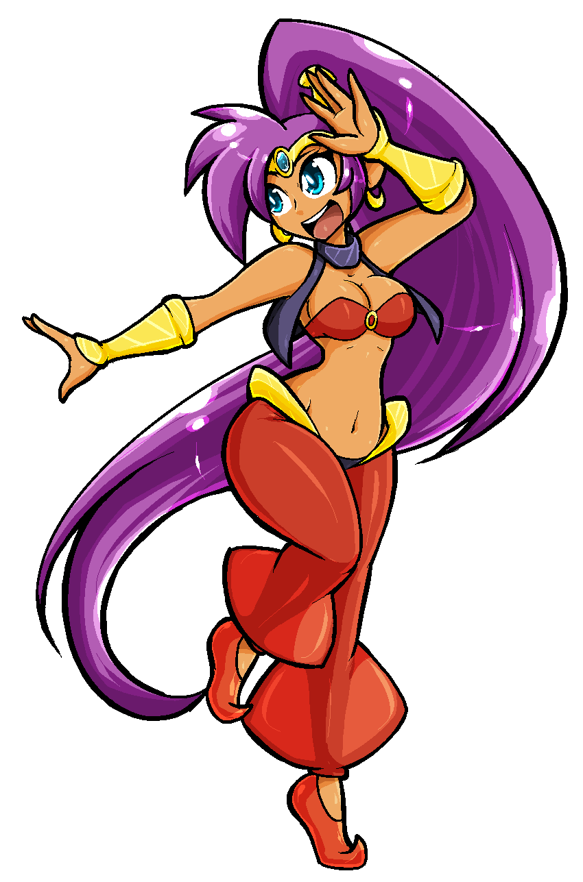 1girl arabian_clothes bandeau blue_eyes breasts choker cleavage dark_skin earrings forehead_jewel full_body harem_pants highres hoop_earrings jewelry lena_(leeralure) long_hair midriff navel open_mouth pants pointy_ears pointy_shoes ponytail purple_hair red_shoes see-through shantae shantae_(character) shantae_and_the_pirate's_curse shoes smile solo standing_on_one_leg tiara vambraces very_long_hair vest