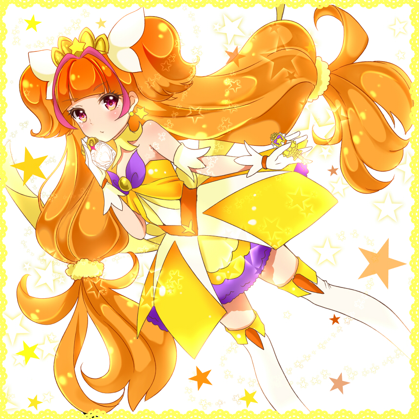 1girl amanogawa_kirara bare_shoulders brown_hair choker chomi_(neco) cure_twinkle earrings gloves go!_princess_precure jewelry looking_at_viewer magical_girl multicolored_hair pink_eyes precure redhead solo star star_earrings starry_background thigh-highs twintails two-tone_hair ver white_gloves white_legwear