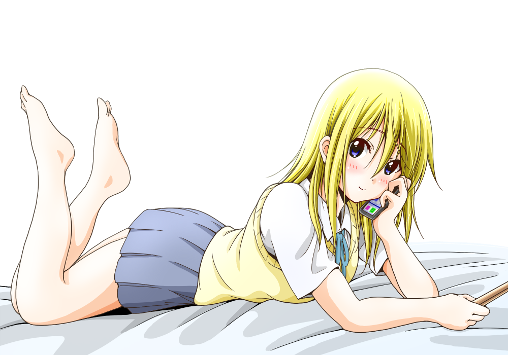 1girl blonde_hair blue_eyes cellphone dresstrip drumsticks k-on! long_hair lying on_stomach phone saitou_sumire school_uniform