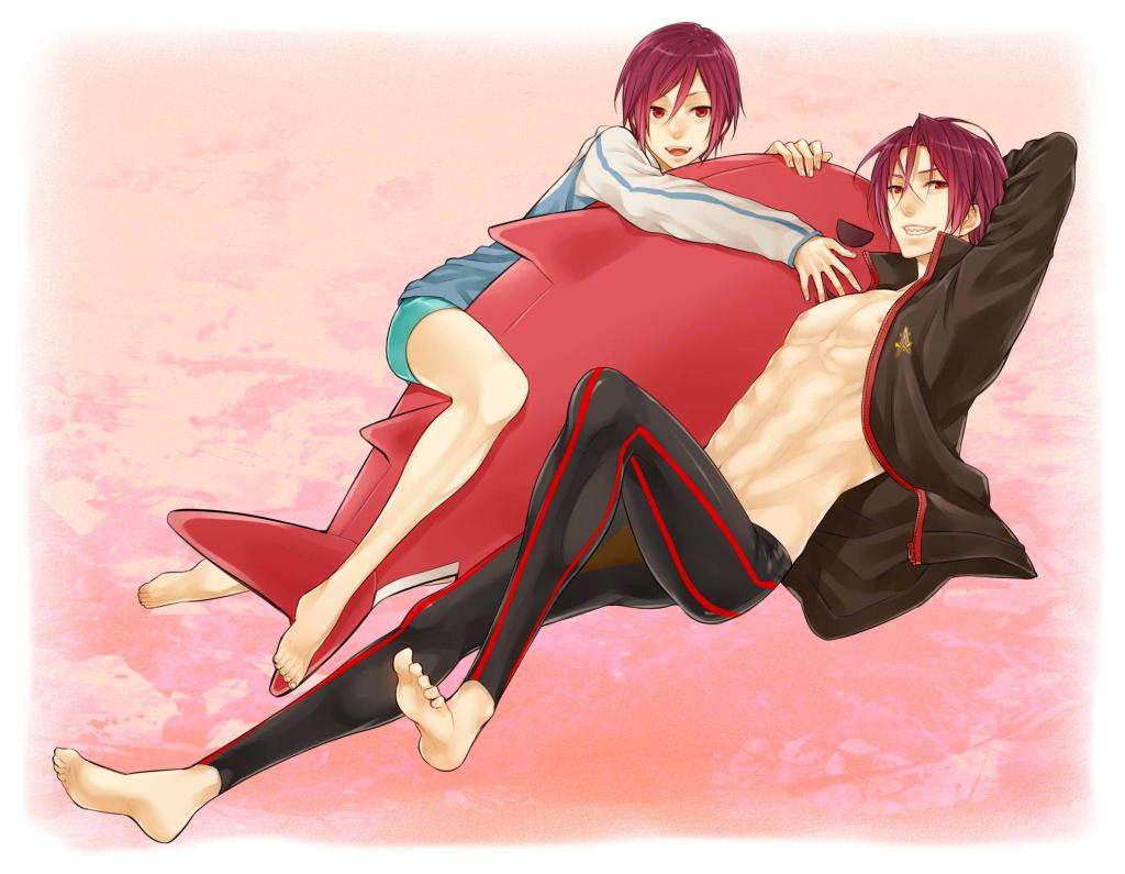 2boys barefoot free! jammers male_focus matsuoka_rin multiple_boys open_mouth red_eyes redhead sharp_teeth short_hair smile swim_briefs time_paradox