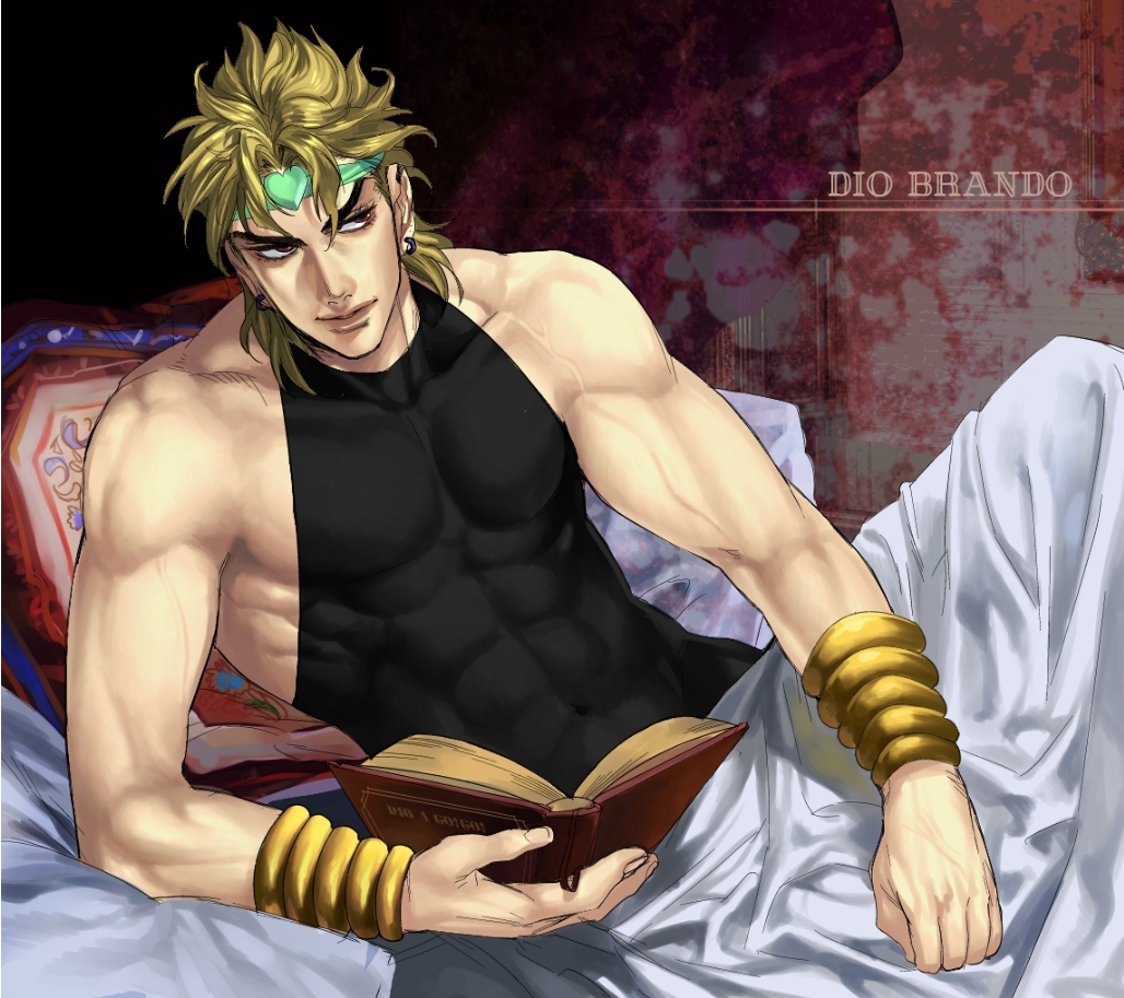 bed blonde_hair book dio_brando headband heart icym jojo_no_kimyou_na_bouken male muscle