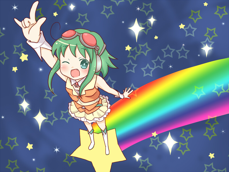 \m/ boots cuffs fang frills goggles goggles_on_head green_eyes green_hair gumi headphones rainbow sakuramori_sumomo short_hair skirt solo star vocaloid wink wrist_cuffs