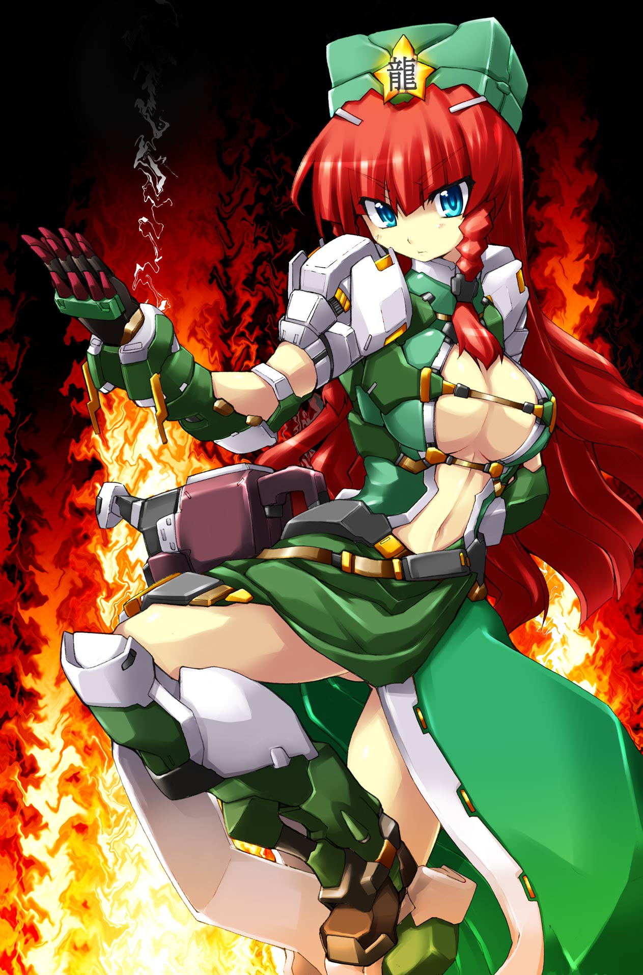 blue_eyes braid breasts china_dress chinadress chinese_clothes cleavage fighting_stance hat highres hong_meiling long_hair power_armor red_hair redhead touhou twin_braids wazuka_(pixiv) wazuka_na_shiawase