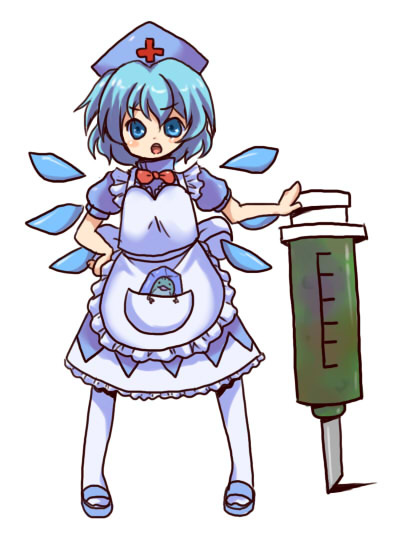 aoi_tobira bad_id blue_eyes blue_hair cirno frog frozen hat large_syringe nurse nurse_cap oversized_object pantyhose short_hair syringe touhou wings