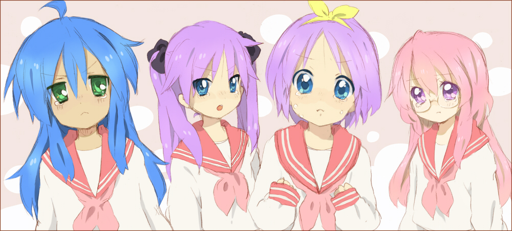 bad_id blue_eyes blue_hair glasses green_eyes hiiragi_kagami hiiragi_tsukasa izumi_konata long_hair lucky_star pink_hair purple_eyes purple_hair school_uniform serafuku short_hair sketch takara_miyuki tears tooi violet_eyes