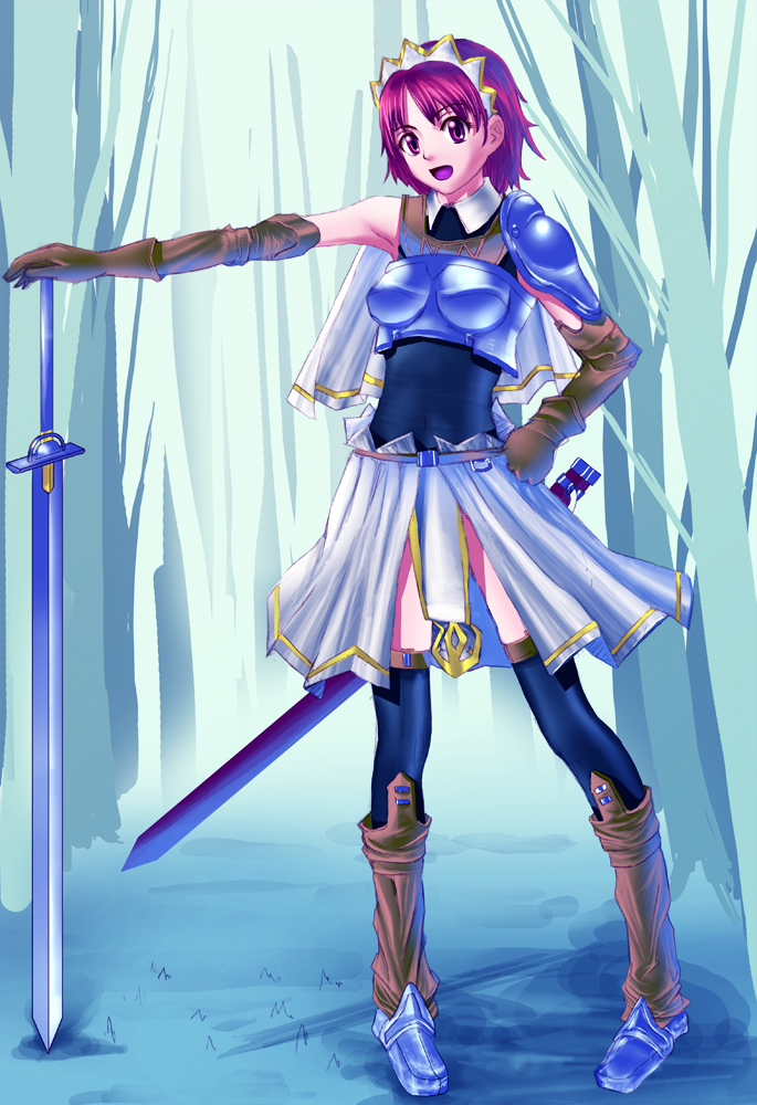 boots cape cecily_cambell cecily_campbell jidori purple_hair red_hair seiken_no_blacksmith short_hair sword thigh-highs thighhighs violet_eyes weapon