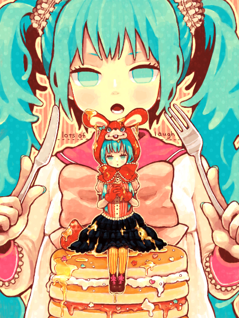 animal_hat aqua_eyes aqua_hair asahi_(pamuko) asahi_(pixiv280000) bonnet bunny_ears cake food fork hat hatsune_miku honey in_food knife long_hair lots_of_laugh_(vocaloid) minigirl pancake rabbit_ears syrup twintails vocaloid