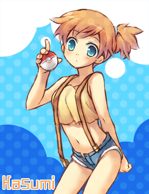 blue_eyes character_name denim denim_shorts flat_chest gym_leader holding holding_poke_ball kasumi_(pokemon) midriff nintendo poke_ball pokemon shorts side_ponytail solo suimya suspenders wardrobe_malfunction