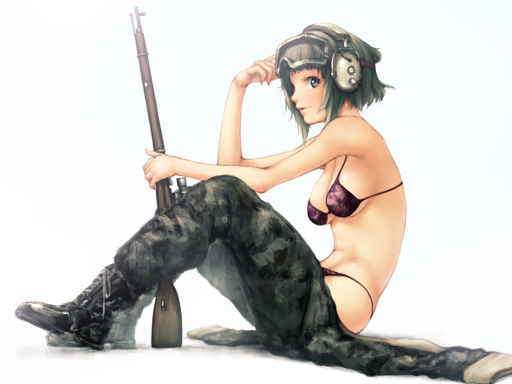 bare_shoulders bikini bikini_top bolt_action boots breasts cleavage f-cla goggles goggles_on_head green_eyes green_hair gumi gun headphones military military_uniform mosin-nagant rifle short_hair simple_background sitting smile solo string_bikini swimsuit uniform vocaloid weapon