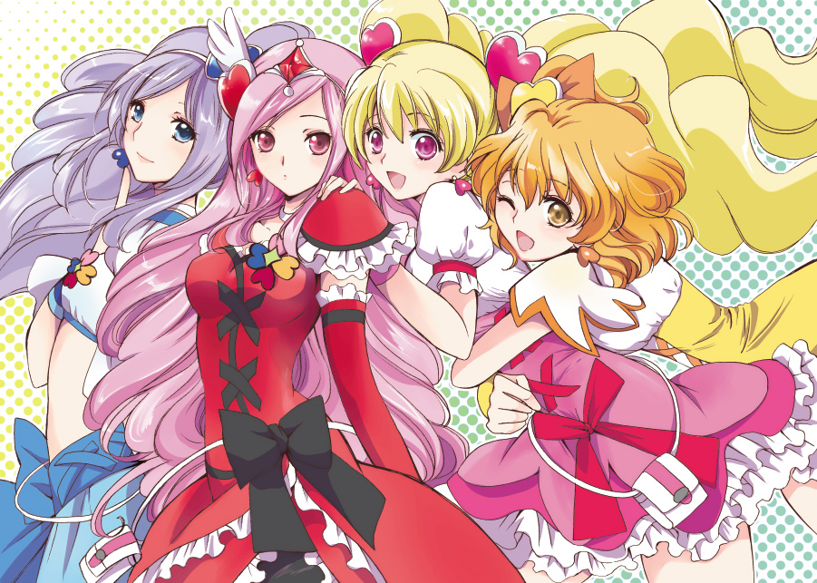 aono_miki blonde_hair blue_eyes blue_hair cure_berry cure_passion cure_peach cure_pine detached_sleeves dress fresh_precure! fresh_pretty_cure! higashi_setsuna kurimomo magical_girl momozono_love multiple_girls orange_hair pantyhose pink_eyes pink_hair precure ribbon smile yamabuki_inori yellow_eyes