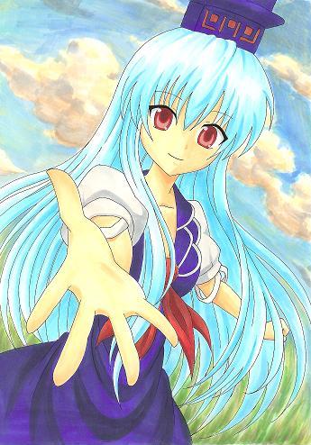 blue_hair dress foreshortening hat kamishirasawa_keine long_hair lowres outstretched_hand red_eyes silver_hair solo tokin_hat touhou