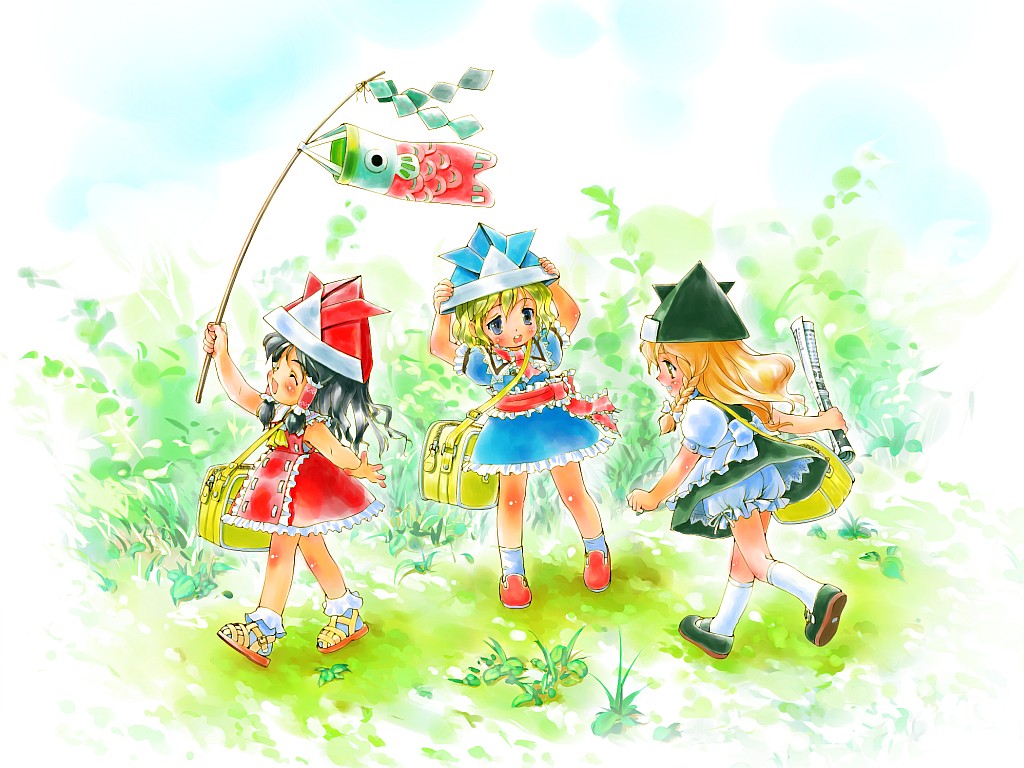 black_hair blonde_hair blue_eyes braid chikin hakurei_reimu hat kirisame_marisa newspaper paper_hat short_hair socks touhou yellow_eyes young