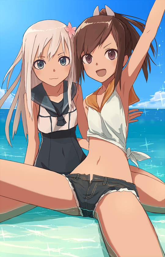 2girls blonde_hair blue_eyes blush brown_eyes brown_hair cutoffs denim denim_shorts flower hair_flower hair_ornament i-401_(kantai_collection) kantai_collection long_hair looking_at_viewer midriff multiple_girls navel one-piece_swimsuit open_mouth ponytail ro-500_(kantai_collection) sailor_collar sand school_swimsuit school_uniform short_hair short_ponytail short_shorts shorts sitting smile swimsuit tan tied_shirt water yoshikawa_(wineretro)