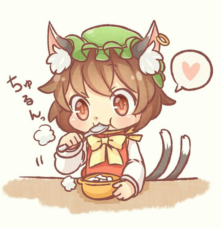 1girl :3 animal_ears bow bowl brown_hair cat_ears cat_tail chen commentary_request dress earrings eating green_hat hat heart ibarashiro_natou jewelry long_sleeves multiple_tails nekomata puffed_cheeks puffy_cheeks red_dress red_eyes short_hair simple_background single_earring solo spoon spoon_in_mouth tail touhou translation_request two_tails white_background yellow_bow