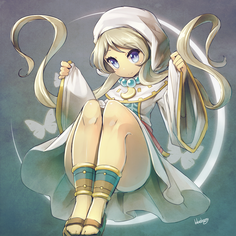 bare_legs blonde_hair blue_eyes blueberry_(5959) fantasy fantasy_life hood long_hair long_sleeves sandals sleeves_past_wrists smile yuelia_(fantasy_life)