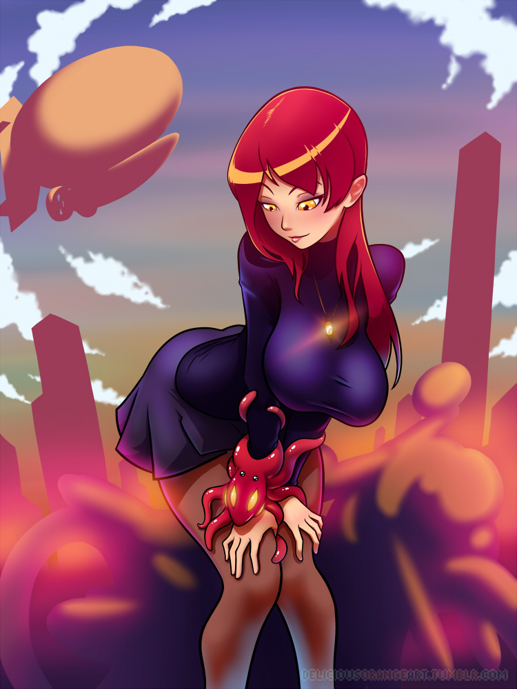 1girl breasts consensual_tentacles eyeshadow hands_on_knees ian_chase jewelry large_breasts leaning_forward long_hair makeup monster necklace pantyhose parasoul_(skullgirls) pendant redhead skirt skirt_set skullgirls solo sunset taut_clothes tentacles yellow_eyes