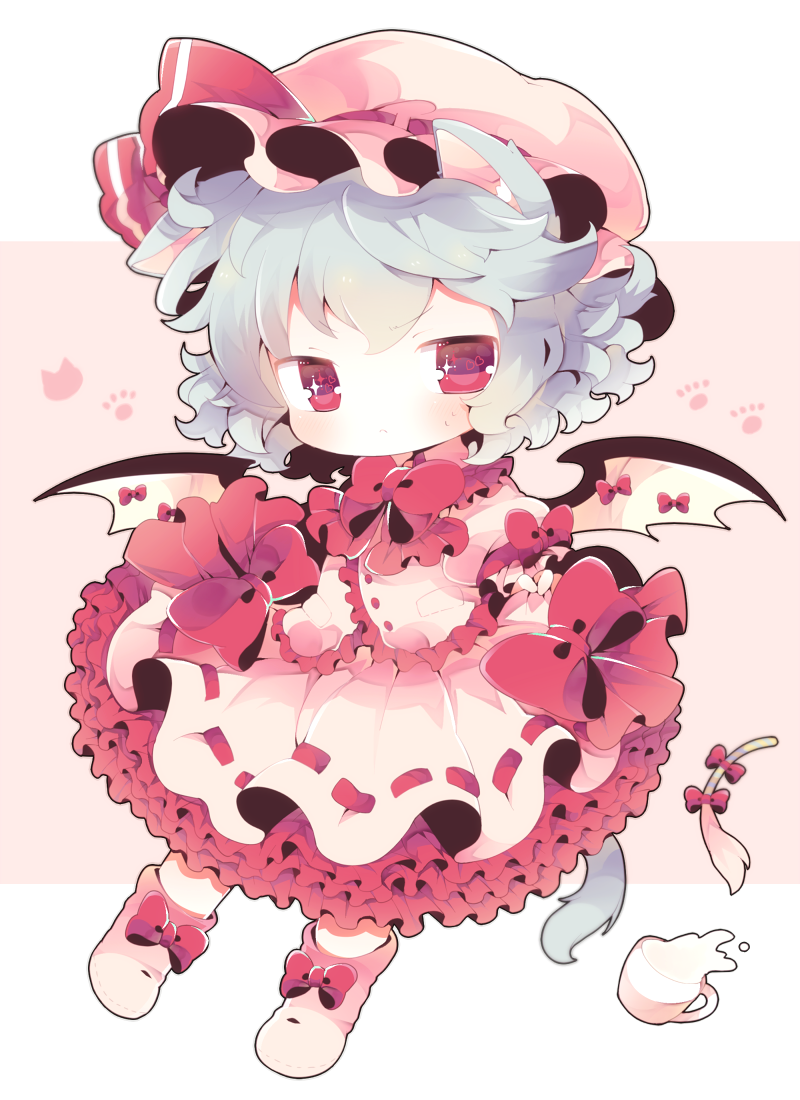 1girl animal_ears bat_wings blue_hair blush bow cat_ears cat_tail cat_teaser chibi cup dress frilled frilled_shirt frilled_skirt frilled_sleeves frills hat kemonomimi_mode kyoneko looking_at_viewer mob_cap pink_dress puffy_short_sleeves puffy_sleeves red_bow red_eyes red_ribbon remilia_scarlet ribbon ribbon_trim short_hair short_sleeves simple_background skirt skirt_hold solo tail too_many_frills touhou wings