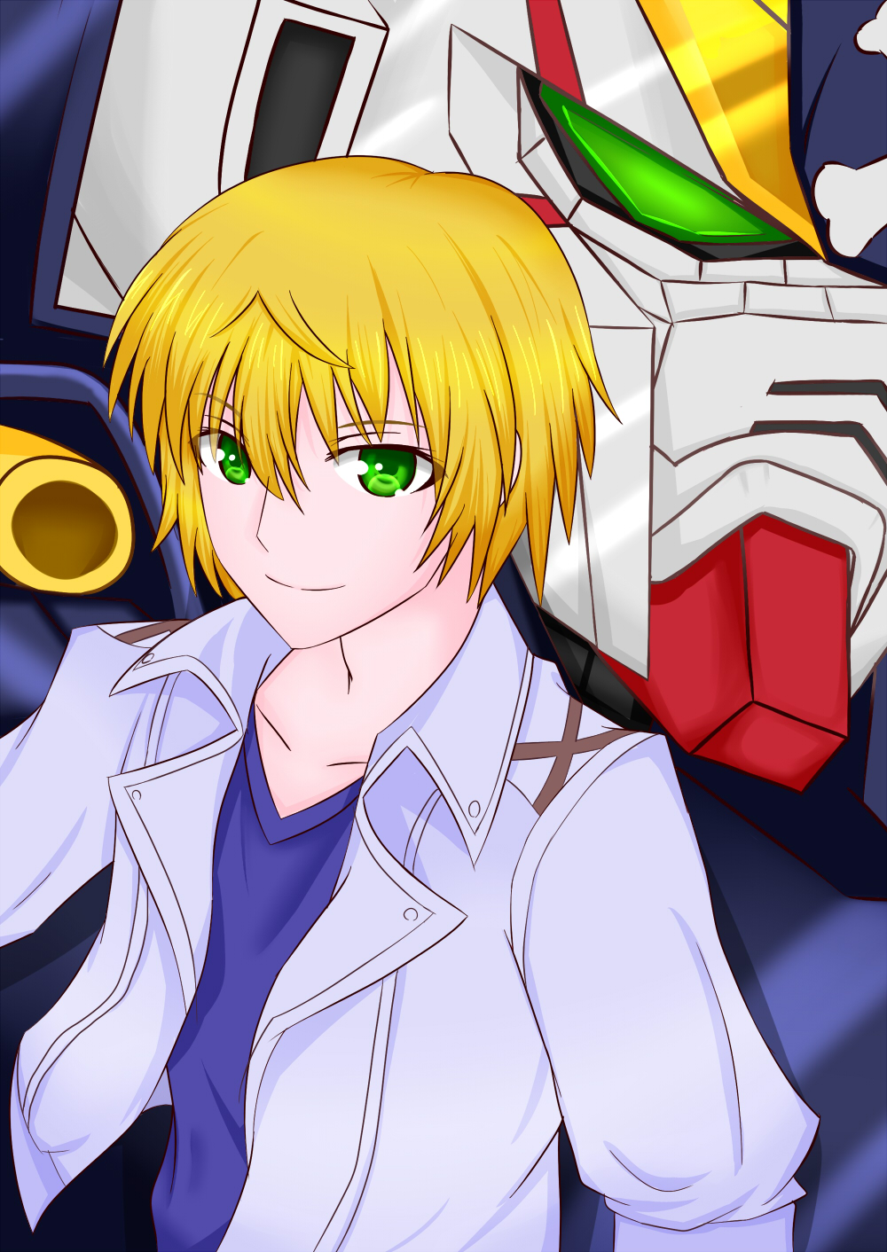 1boy bangs blonde_hair bust crossbone_gundam_x-1_full_cloth green_eyes gundam gundam_build_fighters gundam_build_fighters_try hair_between_eyes highres jacket light_smile long_sleeves looking_at_viewer lucas_nemesis male_focus mecha open_clothes open_jacket shirt short_hair smile