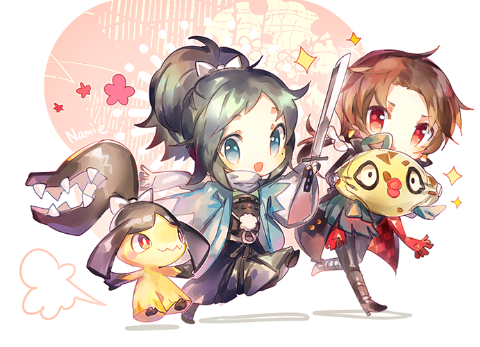 2boys artist_name blue_eyes boots brown_hair character_request chibi feebas hakama haori high_heels high_ponytail japanese_clothes kashuu_kiyomitsu male_focus mawile mole mole_under_eye multiple_boys namie-kun open_mouth pokemon pokemon_(creature) ponytail purple_hair red_eyes red_scarf running sandals scarf shinsengumi socks sword touken_ranbu weapon white_scarf yamato-no-kami_yasusada zouri