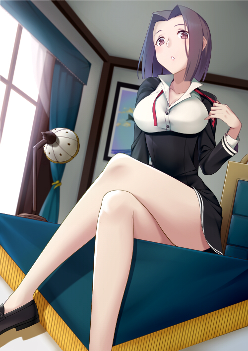 1girl bangs breasts crossed_legs indoors kantai_collection miniskirt open_mouth parted_bangs purple_hair school_uniform short_hair sitting_on_desk skirt tatsuta_(kantai_collection) thighs tsuchifumazu violet_eyes