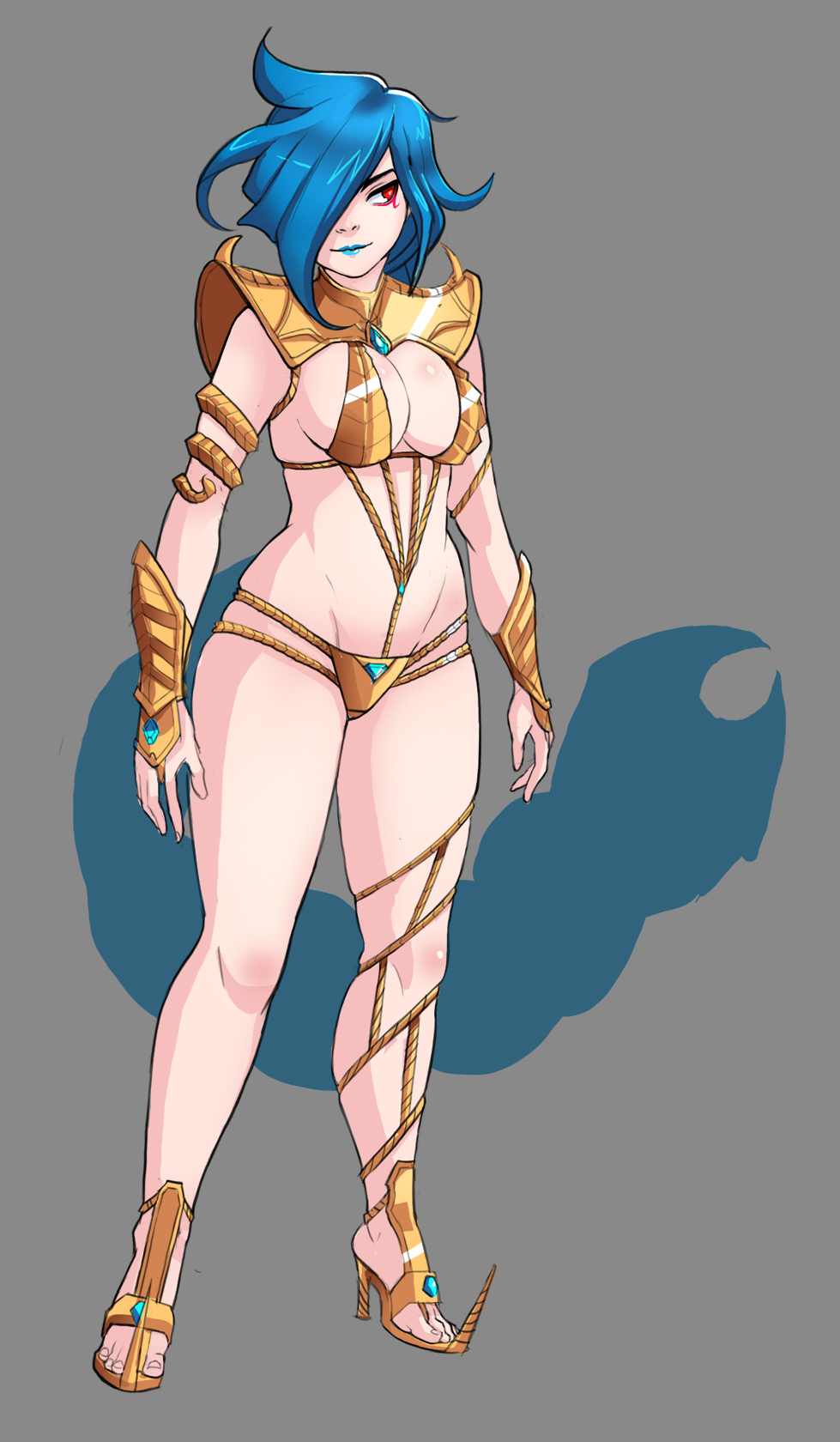 1girl armlet armor bikini_armor blue_hair blue_lipstick braid breasts dungeons_and_dragons facial_tattoo full_body g138 gem hair_over_one_eye high_heels highres lipstick long_hair makeup original pale_skin prehensile_hair red_eyes samia_of_the_shifting_sands shoulder_pads sideboob single_braid skindentation solo spikes tattoo toes vambraces very_long_hair