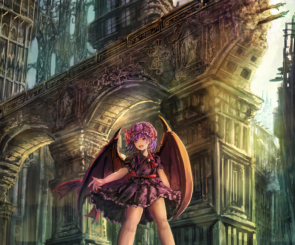 1girl aka_rokusho arch architecture backlighting bat_wings bow brooch commentary_request frilled_skirt frills hat hat_bow jewelry legs mob_cap no_legwear open_hand open_mouth outstretched_arm pink_eyes puffy_short_sleeves puffy_sleeves purple_shirt purple_skirt remilia_scarlet scenery short_sleeves skirt smile solo sunlight tagme thighs touhou wind wings
