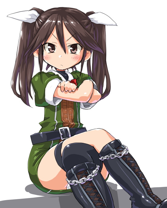 &gt;:( 1girl boots bowtie brown_eyes brown_hair cross-laced_footwear crossed_arms crossed_legs dd_(ijigendd) hair_ribbon kantai_collection lace-up_boots ribbon solo tone_(kantai_collection) twintails