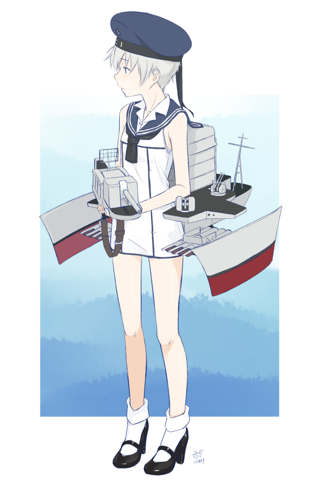 1girl alternate_costume androgynous artist_name ascot bare_legs beret blue_eyes border bottomless dated hat high_heels kantai_collection kawashina_(momen_silicon) machinery mary_janes outside_border sailor_collar sailor_dress shoes short_hair silver_hair simple_background sleeveless solo very_short_hair white_background z1_leberecht_maass_(kantai_collection)