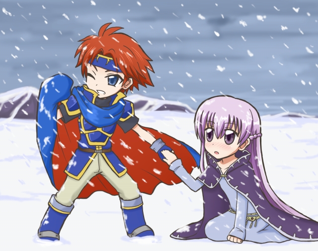 1boy 1girl armor armored_dress belly_chain blue_dress blue_eyes blue_gloves boots cape cloak dress fingerless_gloves fire_emblem fire_emblem:_fuuin_no_tsurugi gloves headband holding_cape holding_hands kneeling long_hair looking_at_another looking_away one_eye_closed open_mouth pants purple_hair redhead reverse_(bluefencer) roy_(fire_emblem) snow snowing sofiya very_long_hair violet_eyes