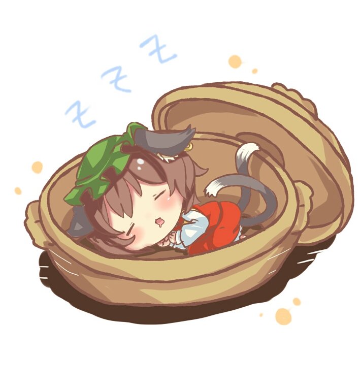 1girl animal_ears brown_hair cat_ears cat_tail chen chibi closed_eyes dress earrings green_hat hat ibarashiro_natou jewelry long_sleeves multiple_tails nekomata open_mouth red_dress simple_background single_earring sleeping solo tail touhou two_tails white_background zzz