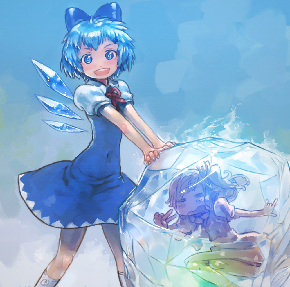 (9) 2girls :d \m/ blue_dress blue_eyes blue_hair bow cirno covered_navel daiyousei dress frozen hair_bow ice ice_wings multiple_girls open_mouth revision short_hair smile symbol-shaped_pupils touhou v wings yst