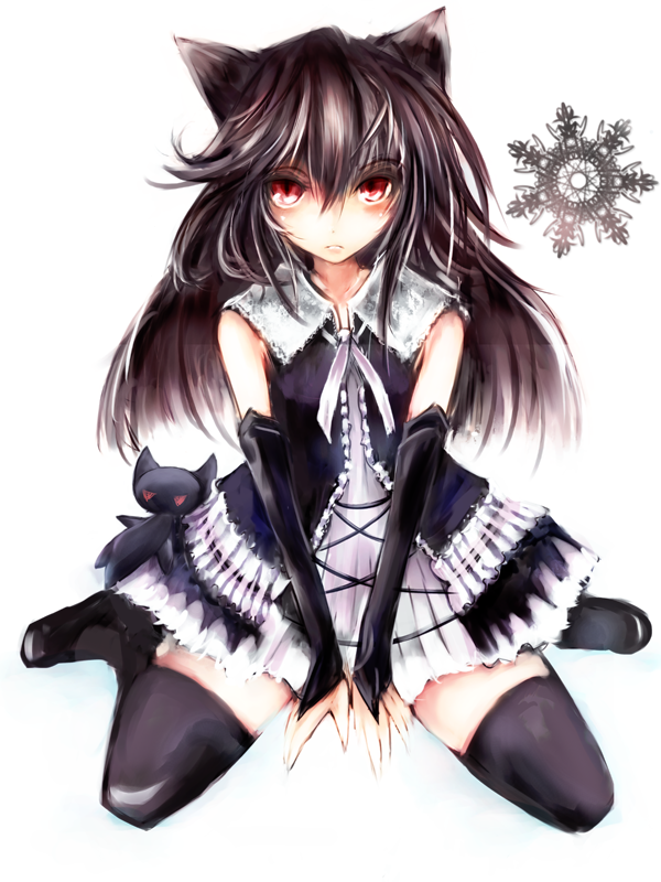 1girl animal_ears arms_between_legs ascot bare_shoulders bridal_gauntlets cyl detached_sleeves dot_heit dress frown gothic_lolita lolita_fashion long_hair looking_at_viewer mascot personification red_eyes simple_background sitting slit_pupils snowflakes solo steam_(platform) wariza white_background