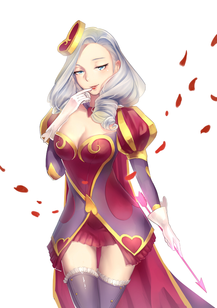 1girl arrow ashe_(league_of_legends) blue_eyes breasts cape cleavage feng_dai_hr finger_to_mouth frilled_legwear heart league_of_legends long_hair looking_at_viewer petals silver_hair smile solo thigh-highs thigh_gap zettai_ryouiki