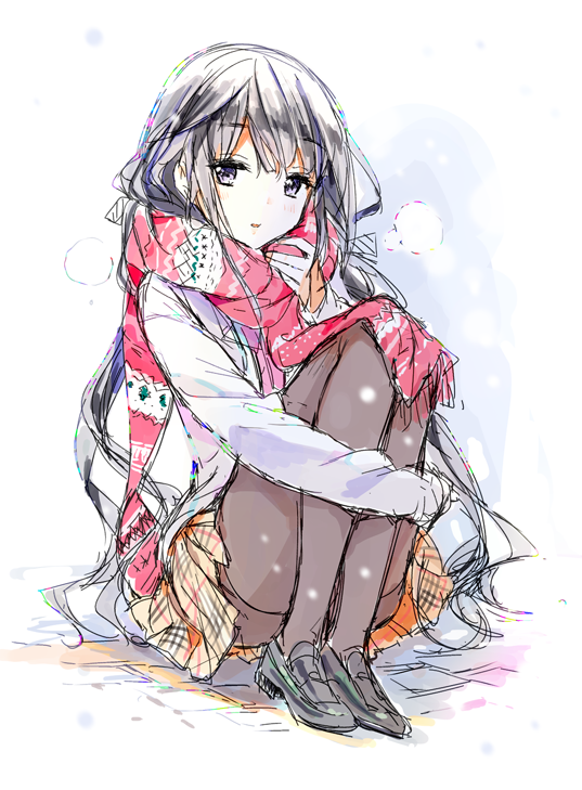 adagaki_aki black_hair blush long_hair masamune-kun_no_revenge pantyhose scarf skirt snow tiv violet_eyes