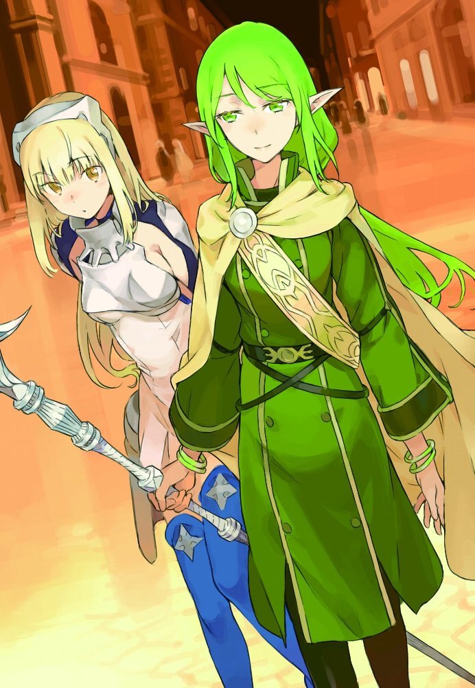 2girls ais_wallenstein amber_eyes blonde_hair breastplate dungeon_ni_deai_wo_motomeru_no_wa_machigatteiru_darou_ka elf green_eyes green_hair haimura_kiyotaka long_hair multiple_girls pointy_ears