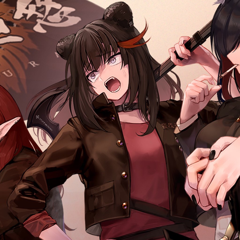 3girls animal_ears arknights axe bangs bear_ears belt black_belt black_choker black_hair black_jacket black_nails choker commentary_request eyebrows_visible_through_hair fangs grey_eyes head_tilt holding holding_axe holding_weapon ink. jacket long_hair long_sleeves multicolored_hair multiple_girls myrtle_(arknights) nail_polish open_clothes open_jacket open_mouth over_shoulder red_shirt redhead shirt streaked_hair texas_(arknights) upper_body weapon weapon_over_shoulder zima_(arknights)