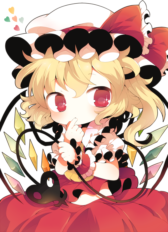 1girl blonde_hair blush chibi finger_to_mouth flandre_scarlet frilled_shirt frilled_sleeves frills hat heart holding kyoneko laevatein looking_at_viewer midriff puffy_short_sleeves puffy_sleeves red_eyes short_sleeves side_ponytail simple_background skirt skirt_set solo touhou white_background wings wrist_cuffs