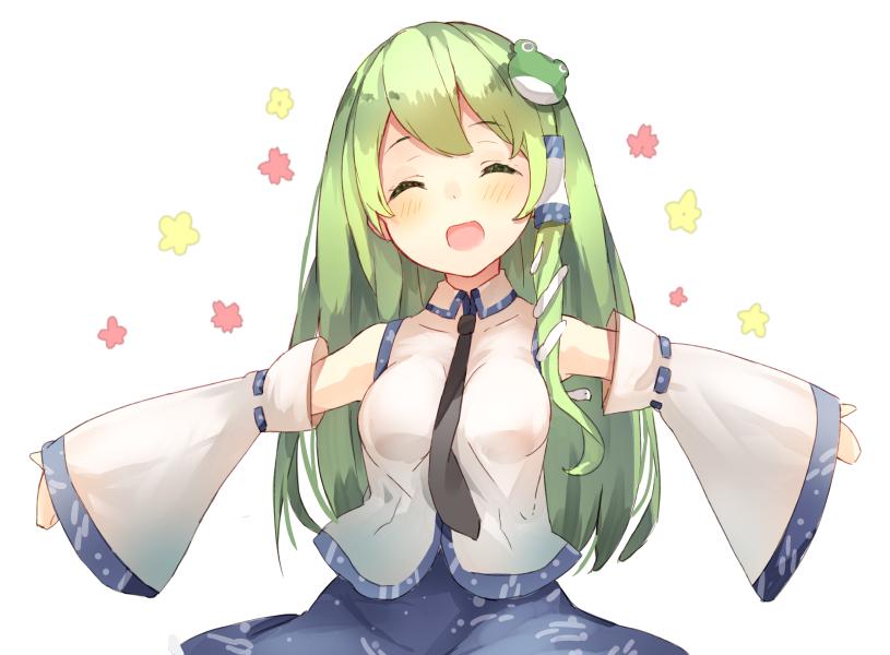 1girl blush closed_eyes detached_sleeves flower frog_hair_ornament green_hair hair_ornament hair_tubes happy japanese_clothes jpeg_artifacts kochiya_sanae long_hair long_sleeves miko necktie open_mouth outstretched_arms shirt simple_background skirt smile snake_hair_ornament solo touhou white_background wide_sleeves yukizumi_remon