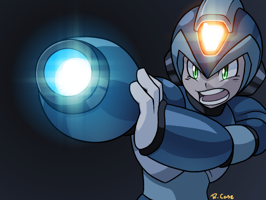 android arm_cannon glowing green_eyes helmet open_mouth powering_up robert_j_case rockman rockman_x solo weapon x_(rockman)