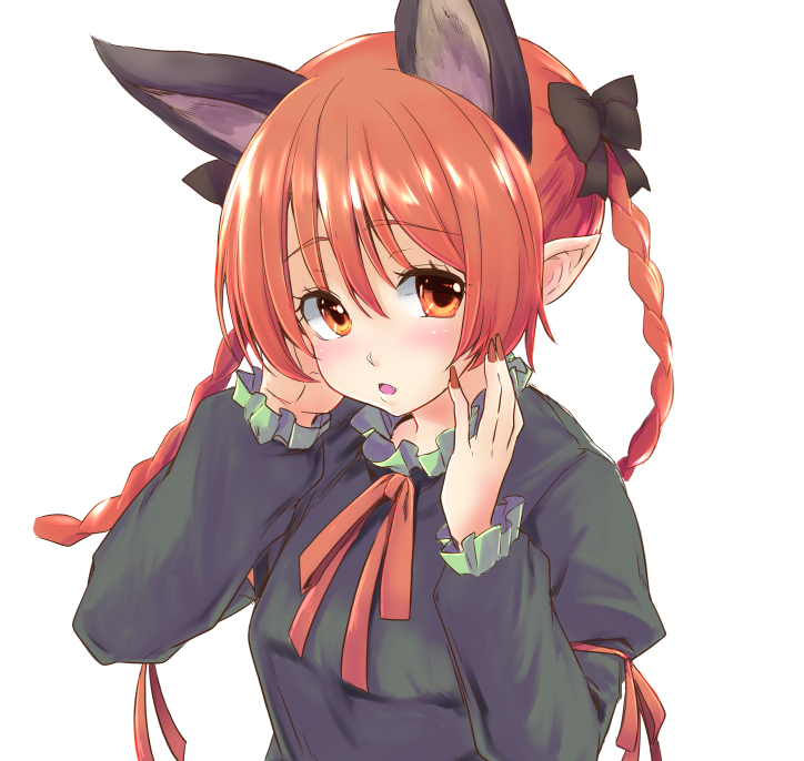 1girl animal_ears blush bow braid bust cat_ears extra_ears fang hair_bow kaenbyou_rin lefthand long_hair looking_at_viewer open_mouth pointy_ears red_eyes red_nails redhead simple_background solo touhou twin_braids white_background