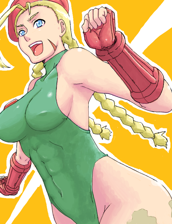 1girl abs acid_(artist) ahoge antenna_hair beret blonde_hair blue_eyes bodypaint braid breasts cammy_white camouflage fingerless_gloves gloves hat huge_ahoge leotard long_hair open_mouth scar sideboob skin_tight smile solo street_fighter thong_leotard twin_braids