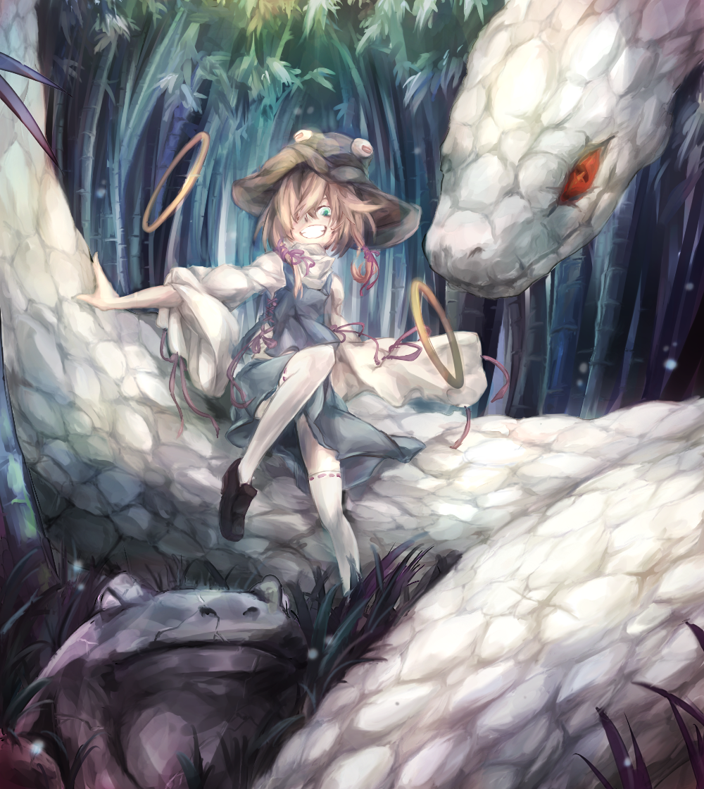 1girl black_shoes blonde_hair blue_eyes chong_(wjzcy6688) dress frog grin hair_over_one_eye hair_ribbon hat looking_at_viewer mishaguji moriya's_iron_rings moriya_suwako revision ribbon ribbon-trimmed_legwear ribbon_trim short_hair sitting smile snake solo thigh-highs touhou tress_ribbon turtleneck white_legwear white_snake wide_sleeves