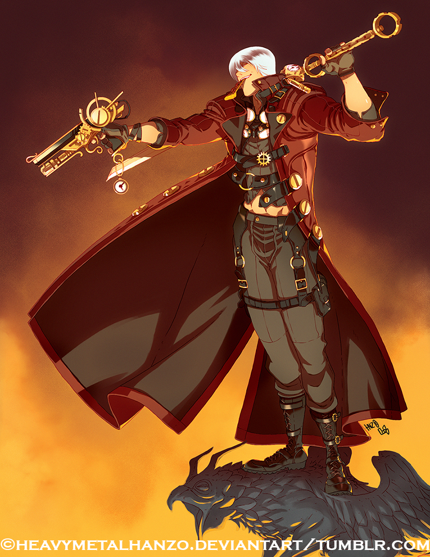 1boy abs boots cross-laced_footwear dante_(devil_may_cry) devil_may_cry dual_wielding fingerless_gloves food food_in_mouth full_body gargoyle gloves gun handgun high_collar lace-up_boots long_coat metalhanzo pizza short_hair solo steampunk sword weapon white_hair