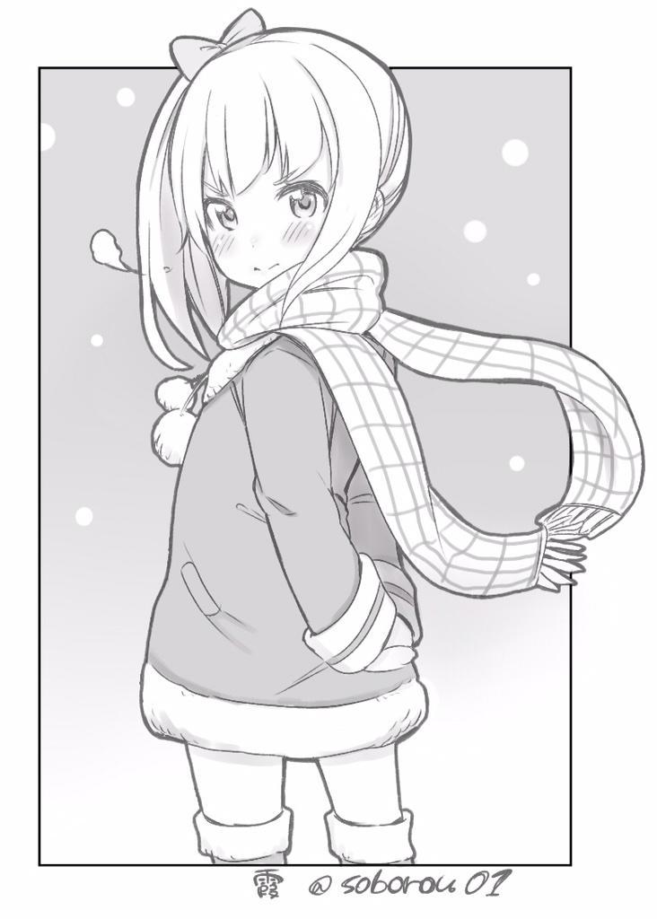 1girl 3:&lt; bow coat comic hair_bow hair_ribbon kantai_collection kasumi_(kantai_collection) long_hair looking_at_viewer mittens monochrome ribbon scarf side_ponytail silent_comic soborou solo translation_request winter_clothes winter_coat