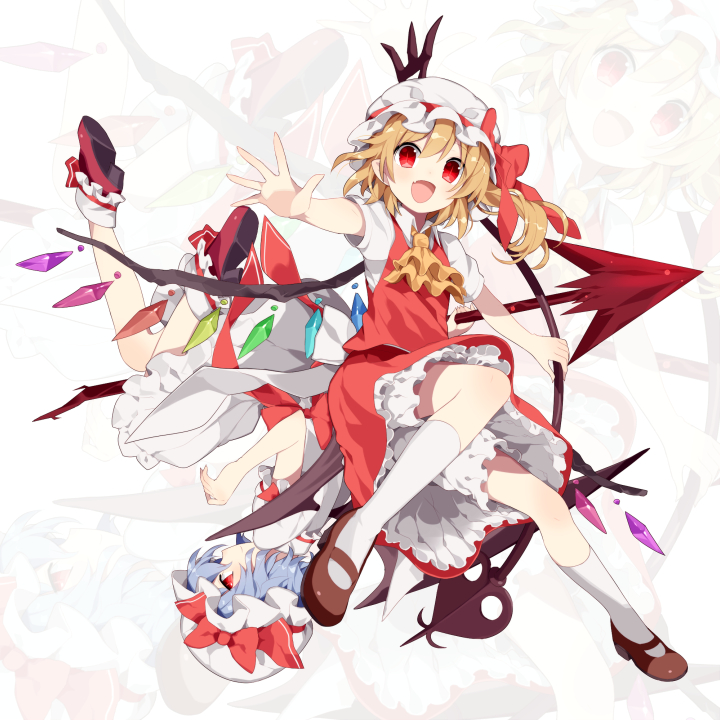 2girls ascot bat_wings blonde_hair bloomers blue_hair bow dress dyumo_(moffri) fang flandre_scarlet hat hat_bow laevatein mob_cap multiple_girls open_mouth puffy_short_sleeves puffy_sleeves red_eyes remilia_scarlet shirt short_sleeves siblings side_ponytail sisters smile spear_the_gungnir touhou underwear upside-down upskirt white_dress wings zoom_layer