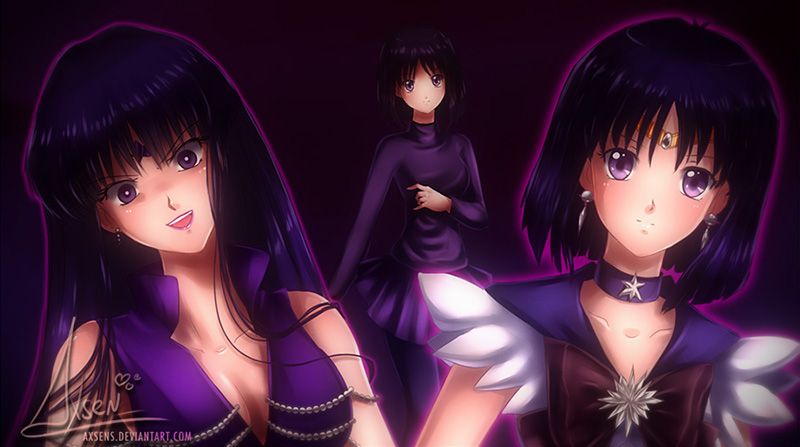 3girls axsen bishoujo_senshi_sailor_moon black_hair bow breasts brooch choker cleavage earrings facial_mark forehead_mark jewelry long_hair magical_girl mistress_9 multiple_girls multiple_persona older ribbon sailor_collar sailor_saturn short_hair smile star tiara tomoe_hotaru violet_eyes